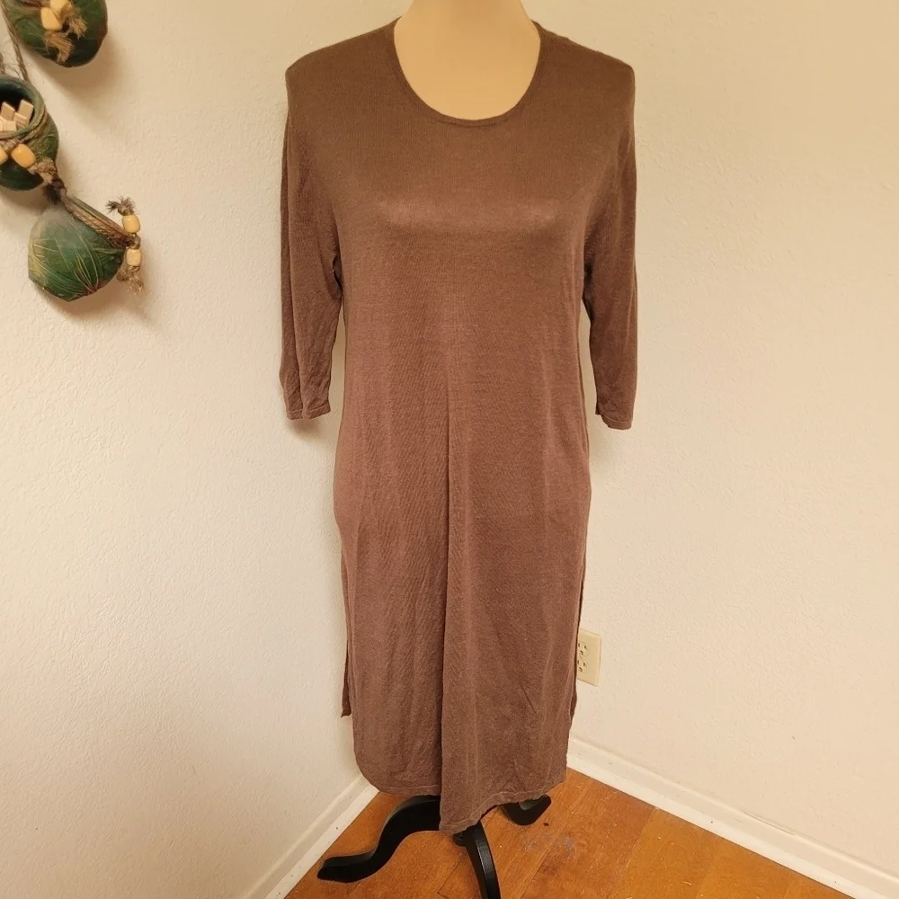 J. Jill Linen Blend Brown Round Neck High Side Slits Knit Tunic Top